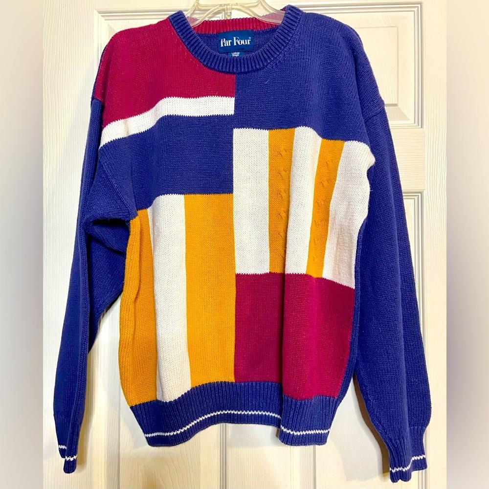 Vintage Par Four Heavy Knit Golf Sweater Size Large Red Blue Mustard